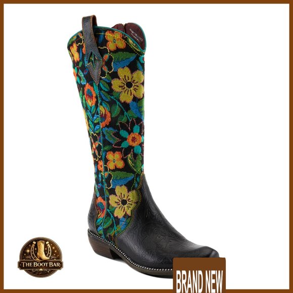 Western Knee-High Boots Embroidered Floral Pattern Low Heel Zipper Closure
